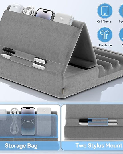 KDD Tablet Pillow Holder, Foldable iPad Stand for Lap, Bed and Desk -Tablet Soft Pad Dock with Pocket & Stylus Mount Compatible with iPad Pro 12.9, 10.5, 9.7 Air Mini 6 5 4 3, Galaxy Tab, E-Reader