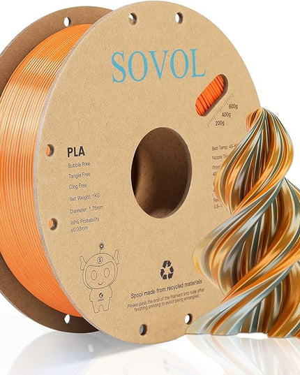 Sovol Dual Color PLA Filament 1.75mm, Silk PLA 3D Printing Material, Dual Color Filament Orange + Light Blue 2 in 1 Coextrusion PLA Filament +/-0.03mm, 1kg/2.2lbs