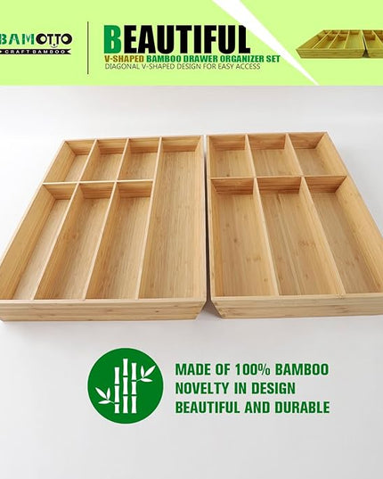 V-Shaped Extra Large Bamboo Drawer Organizer Set of 2, Kitchen Cutlery Tray Utensil Plate, Flatware&Silverware Storage Box, Wood Organizer for Bedroom, Living Room (19.6"x14.6" & 19.6"x12.4")