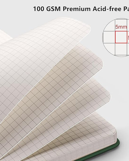 RETTACY Graph Grid Paper Notebook, 192 Pages, A5 Medium Size (5.7'' x 8.3''), 5 Squares per Inch, Leather Hardcover, 100 GSM Thick Paper, for School, Students, Math, Engineering (Dark Green)