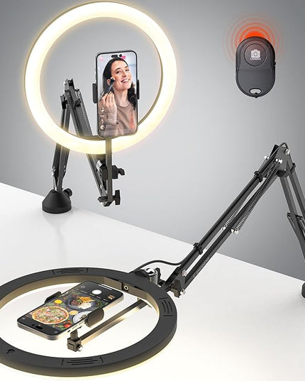 Upgrade Ring Light Overhead Phone Mount, 12”Circle LED Desk Ring Light with Clamp for Video Recording,Flexible Articulating Phone Arm Stand Compatible with iPhone,Live Streaming YouTube Tiktok