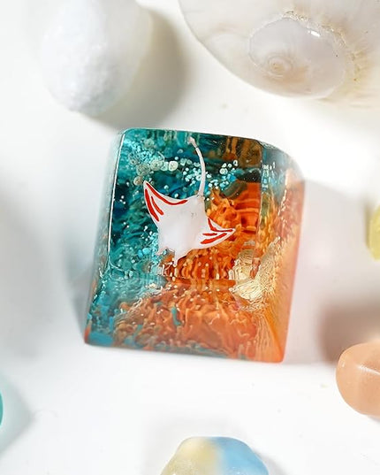 Manta Ray Artisan Keycap Green Orange Coral Reef R1 SA Profile Custom Sea Creatures Keycaps 1U ESC Handmade Gaming Resin Key Cap Cherry MX Switch Compatible Mechanical Keyboard Manta Ray Lover Gift
