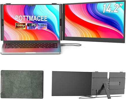 POTTMACEE 14.2" Laptop Screen Extender, 0.17" Ultra-Thin FHD 1080P IPS Portable Monitor for Laptop, Dual Screen Travel Monitor Extender, Plug-Play for Windows/Mac/Chrome, Fit 13”-17.3” Laptops