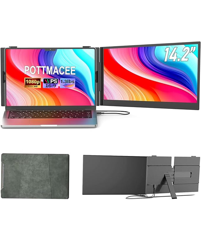 POTTMACEE 14.2" Laptop Screen Extender, 0.17" Ultra-Thin FHD 1080P IPS Portable Monitor for Laptop, Dual Screen Travel Monitor Extender, Plug-Play for Windows/Mac/Chrome, Fit 13”-17.3” Laptops