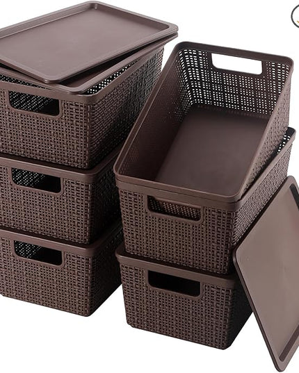 6 Pack Plastic Storage Baskets With Lids,Brown Breathable Stackable Storage Bins,Small Storage Containers,for Organizing Storage Baskets on Desktops,Closets,Playrooms,Classrooms,Offices