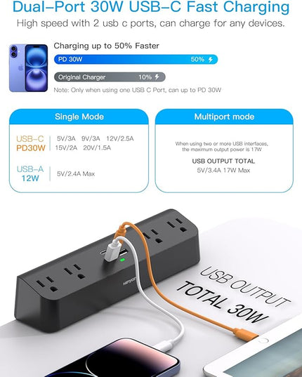 Desk Clamp Power Strip with PD30W USB-C, HANYCONY 5Ft Extension Cord, Desk Edge Mount Charging Station, Surge Protector with 4 Outlets 4 USB Ports(2 USB C), Home Office Gaming Accessories Essentials