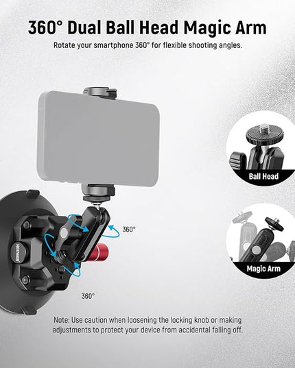 NEEWER 4.5" Suction Cup Camera Mount with Ball Head Magic Arm, 1/4" 3/8" ARRI Holes, Quick Release Car Mount with Phone Holder & Action Cam Adapter Compatible with iPhone DJI Insta360, CA105