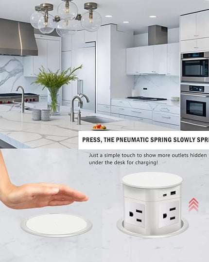 Pop Up Outlet 15W Wireless Charger,with 4 Outlets 1875W USB-C PD20W Super Charging 6.5FT 16AWG Cable 3.86 inch Desk Hole Pop Up Power Outlet for Kitchen Countertop,Office Conference Table (White)