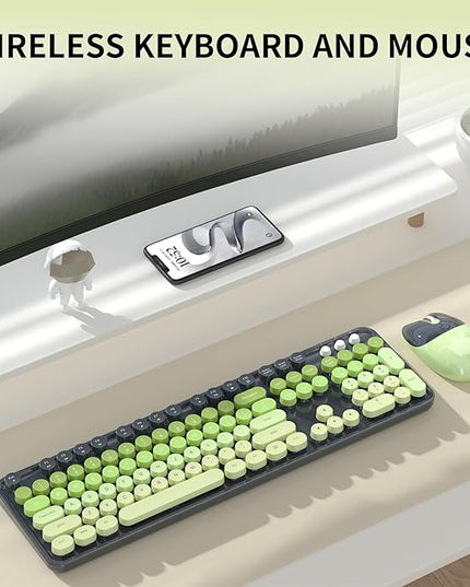 Wireless Keyboard and Mouse, MOFII 104 Round Keycaps Retro Typewriter with OTG & Brush, Full-Size Ergonomic, Ideal for Windows PC, Home, Office and College Gray Green