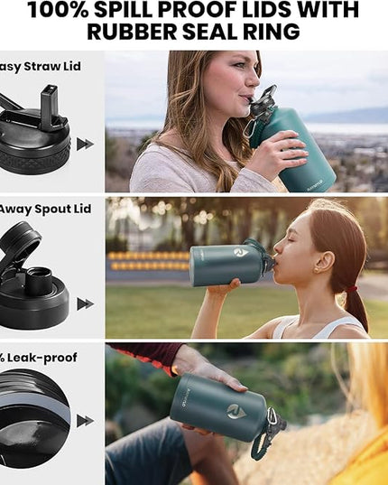 One Gallon Water Bottle Insulated, Triple Walled Vacuum Stainless Steel (Cold for 48 Hrs), Leak Proof & Non-BPA, Large Water Flask Jug with Paracord Handle & Straw Spout Lids