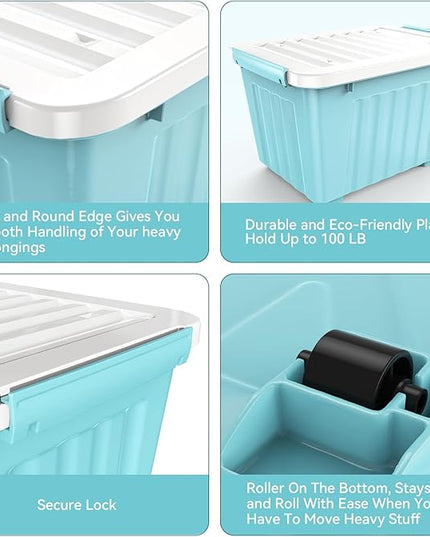 Nazhura 72 Quart Plastic Storage Bin, Stackable and Nestable Storage Boxes with Lids and Secure Latching Buckles, Large Storage Container (Blue, 72Quart-4Pack)