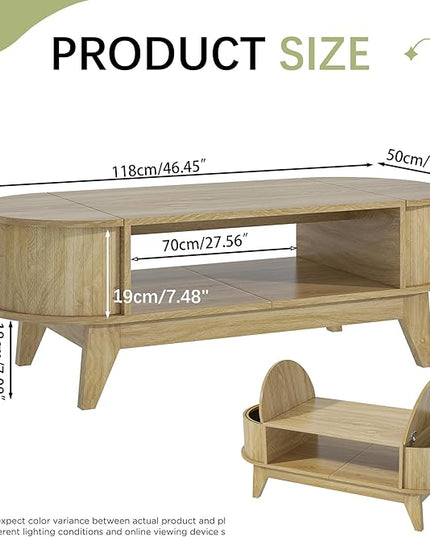 Coffee Table with 2 Hidden Storage,Mid Century Modern Coffee Table with Fluted Finish,Wood Center Tables Oval Coffee Tables with Flip-Top Lids for Living Room Home Office (Oak)