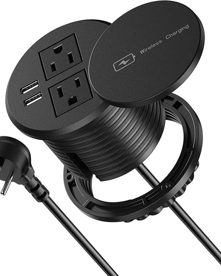 3 Inch Desk Hole Recessed Power Grommet with 15W Wireless Charger Cover, 2 USB-A Countertop Grommet Mount Power Outlet, with AC Outlets and 6ft Extension Cord Black