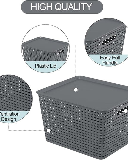 Zopnny Plastic Storage Baskets with Lid, Stackable Storage bins for Organizing Shelves Drawers Desktop Closet Playroom Classroom Office, 6 Pack, 20 Quart
