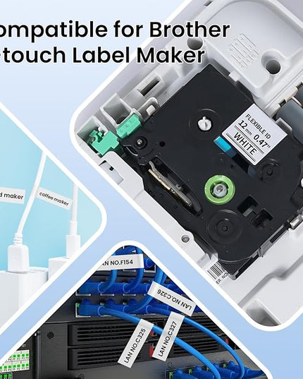 TZe-FX231 Flexible ID Laminated Cable Wire Labels 12mm 0.47 Laminated White Compatible with Brother P-Touch for Wire Wrapping and Flagging, 26.2FT/8M for PT-D210/D400/D600/H110 Label Makers