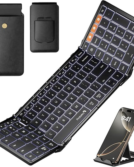 ProtoArc Backlit Foldable Keyboard, XK01 Plus Folding Portable Bluetooth Keyboard for Travel, True Full Size External Wireless Keyboards with Backlight for iPad Tablet Smartphone Laptop - Black