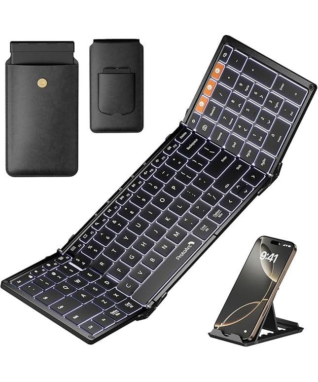 ProtoArc Backlit Foldable Keyboard, XK01 Plus Folding Portable Bluetooth Keyboard for Travel, True Full Size External Wireless Keyboards with Backlight for iPad Tablet Smartphone Laptop - Black