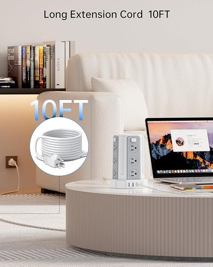 Power Strip Surge Protector, 10 Ft Extension Cord with 12 AC Multiple Outlets 4 USB (1 USB C), SMALLRT Power Tower Desktop Charging Station (White, 10 FT PD20W)