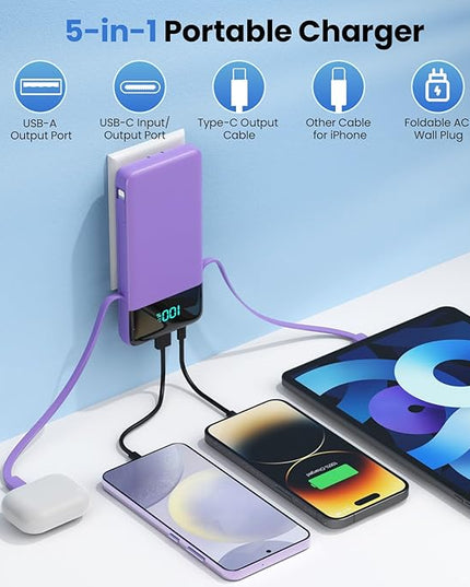 Portable Charger for iPhone with Built in Cables and Wall Plug,Upgraded 13800mAh Fast Charging USB C Power Bank,4 Outputs Travel Essential Battery Pack Compatible with iPhone 15/14/13,Samsung-Purple