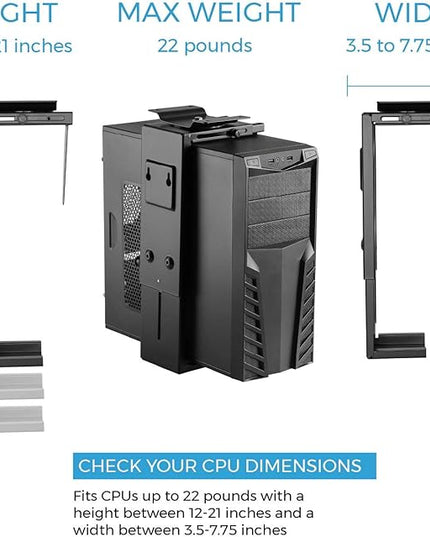 HumanCentric Adjustable Under Desk Computer Mount and Wall Mount, CPU Holder Fits Most PC or Computer Cases, Adjustable Height and Width, Full 360 Swivel, Up to 22 lb, Hardware Included