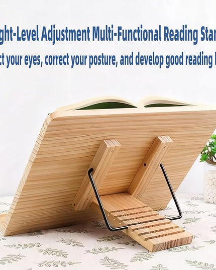 Bamboo Book Stand, Adjustable Reading Rest Holder, Natural Wood, Desktop Document Stand for Reading, Cooking (11x7.9inch)