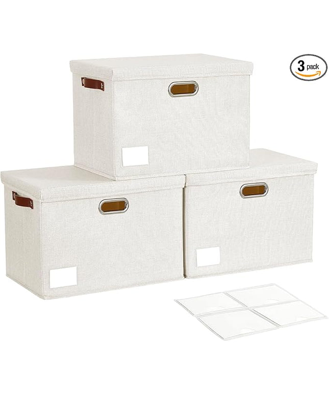 17" Large Collapsible Storage Bins with Lids, Stackable Closet Organizers with PU Handle and Labels, 3-Pack Decorative Fabric Storage Boxes for Home, Bedroom, Closet, Office, Nursery(White)
