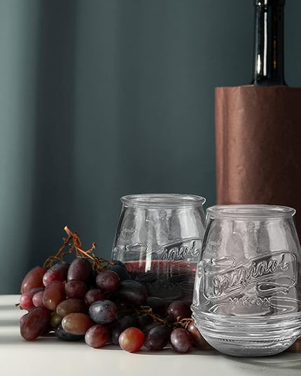 Glaver's Stemless Wine Glasses 21 Oz. Set Of 4 Original Mason Vintage Goblet Beverage Glasses Uses For Your Cocktail Lounge, Whiskey Parties, and Everyday Dinner Table. Dishwasher Safe. (Large)