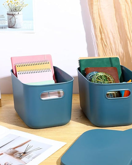 Hoolerry 8 Pieces Colorful Storage Bins with Lid, Plastic Storage Basket Organizing Container Stackable Box with Handle for Shelves Desktop Playroom Office(10.2 x 7 x 6.3 Inch,Blue)