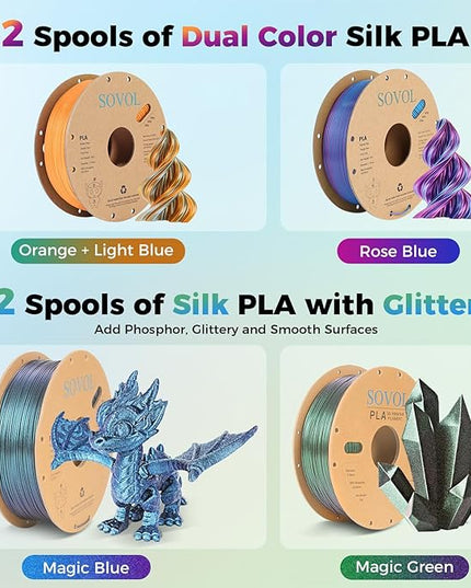 Sovol Silk PLA Filament 10KG Kit, Silk Tri Color & Dual Color Co-Extrusion PLA, Shiny Multicolored Fast Change Rainbow 3D Printer Filament, Glitter PLA Materials 1.75mm 1kg/ 2.2lbs +/-0.03mm