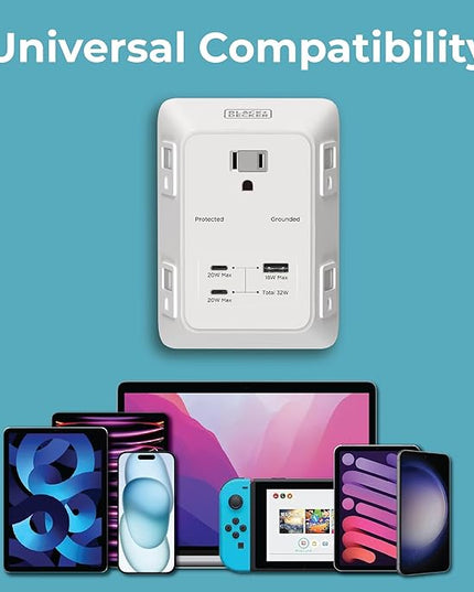 BLACK+DECKER PD USB Wall Charger Surge Protector, 2-Pack, 5 Outlet Extender 2 USB C & 1 USBA Charging Ports, Fast Charge 3 Sided Power Strip Multi Plug Outlets Wall Adapter for Home Office, ETL Listed