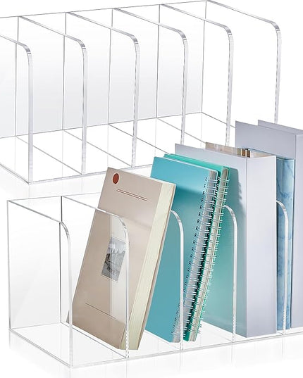 Suzile 2 Sets of Clear Acrylic Magazine Holder with 5 Vertical Compartments Magazine File Holder Acrylic Desk Organizer Book Rack for Desk Sorter Paper Folder Office Accessories Storage Organization