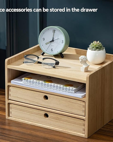 KIRIGEN Desktop Organizer with 2 Drawers and Tray - Wood Office Desk Storage Shelf for Office Supplies - Small Cabinet for Countertop Accessories Storage 3 Layer Natural（DT3D2C-NA）