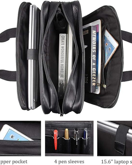 Augus Leather Briefcase for Men Business Travel Messenger Bags 15.6 Inch Laptop Bag, Black
