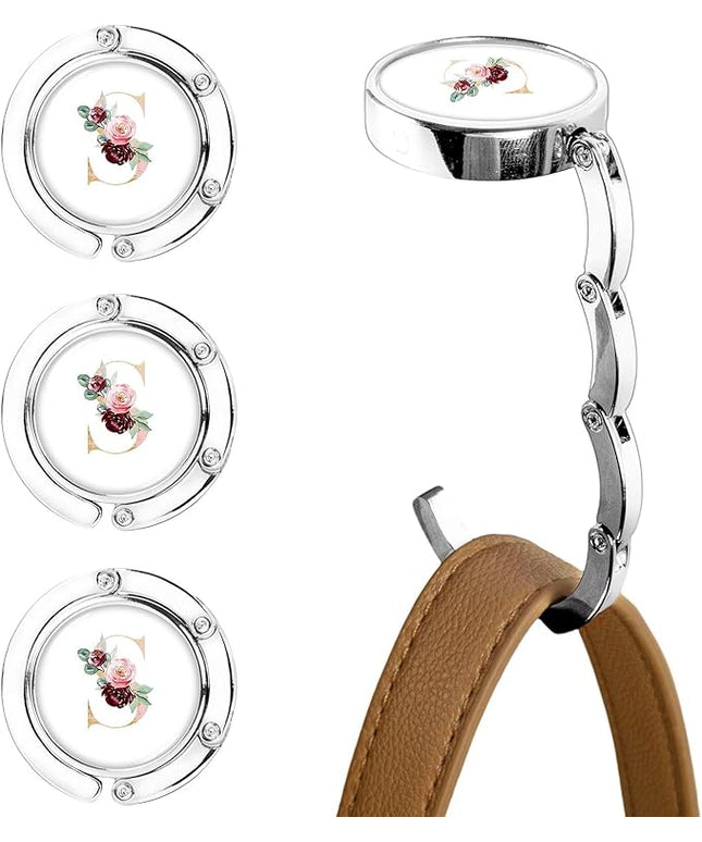 XSUIOY 3Pcs Personalized Initial Foldable Purse Hook for Table,Crushed Flower Letters Folding Purse Hanger,Purse Holder Handbag Hanger Collection Desk Table Bag Hooks Gifts for Women Bag(Pink-S)