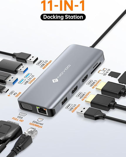 USB C Docking Station Dual HDMI Adapter, 11 in 1 Multi Display Docking Station Dual Monitor with 2 HDMI, VGA, 100W PD, 4 USB, USB C Hub Multiport Dongle Compatible with MacBook/Dell/HP/Lenovo Laptops