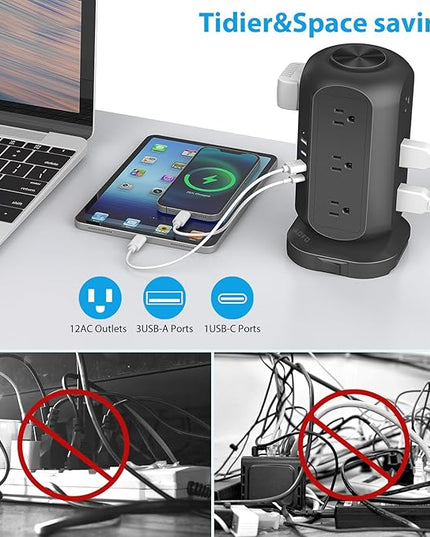 Long Extension Cord 15 ft Power Strip Tower, Surge Protector 12 AC Outlets 4 USB(1 USB C) Ports, Charging Tower Overload Protection with Multiple Outlets for Home Office