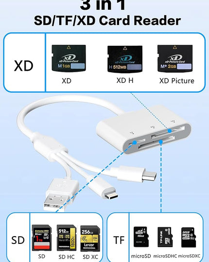 XD/TF/SD to iPhone Adapter Reader with USB-C, USB-A, Lightning - 3in1 SD MicroSD xD-Picture Card Reader, OTG Adapter SD Card Adapter for Smartphone/iPhone 17/16/15/14/13/iPad/PC/Android/Macbook/Camera