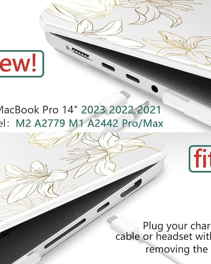 DONGKE Case for M5 MacBook Pro 14 inch 2025 2024-2021 M4 M3 M2 M1, Plastic Hard Shell Cover Compatible with A3434 A3112 A3401 A3185 A2992 A2779 A2442, Retina XDR Display & Touch ID, Golden Floral