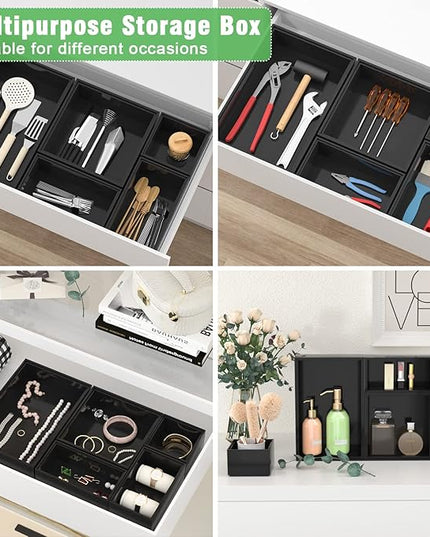 Black Bamboo Bathroom Drawer Organizer, Wooden Kitchen Utensil Holder Set of 5, Stackable Junk Drawer Organizer Tray, Multi-Use Storage Bins Boxs Dividers for Home, Office, Clothing, Makeup, Jewelry