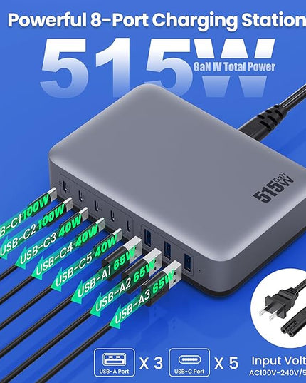 USB C Charger Block 515W[2025 Upgraded] GaN IV 8 Port Fast Charging Station Hub,Dual PD 100W USB C Laptop Charger Compatible with MacBook Pro/Air,iPad,iPhone 16/15,Galaxy S23/S24 Steam Deck Dell XPS