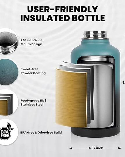 Insulated Water Bottle 64 oz, Triple Wall Vacuum Stainless Steel (Cold for 48 Hrs), Leak Proof & Non-BPA, Half Gallon Water Flask Jug with Paracord Handle & Straw Spout Lids
