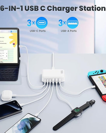 USB C Charger Block Charging Station,108W GaN III 6 Port 3xQC+3xPD Wall Charger Adapter Plug Cube,Super Fast Type C Charging Hub Box for iPhone 17 16 15 14 13 Pro Max iPad Samsung Pixel 5ft Cord-White