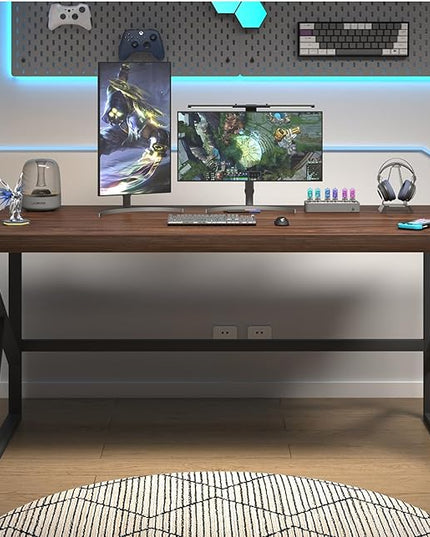 HSH Walnut Computer Desk, Industrial Modern Metal Wood Desk Workstation, Rustic Executive PC Laptop Work Desk Table for Home Office, Simple 55 Inch Writing Study Gaming Desk in Bedroom Living Room