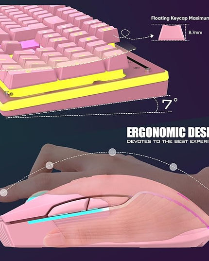 RedThunder K10 Wireless Gaming Keyboard and Mouse Combo, LED Backlit Rechargeable 3800mAh Battery, Mechanical Feel Anti-ghosting Keyboard + 7D 3200DPI Mice for PC Gamer (Pink)