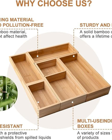 Bamboo Drawer Organizer 5 Pcs for Kitchen Multi-purpose Storage Dividers for Kitchen, Office, Jewelry, Cosmetics, Wooden Drawer Dividers for Drawer Organizer Desk Organizer Gift for Women Gifts Idea