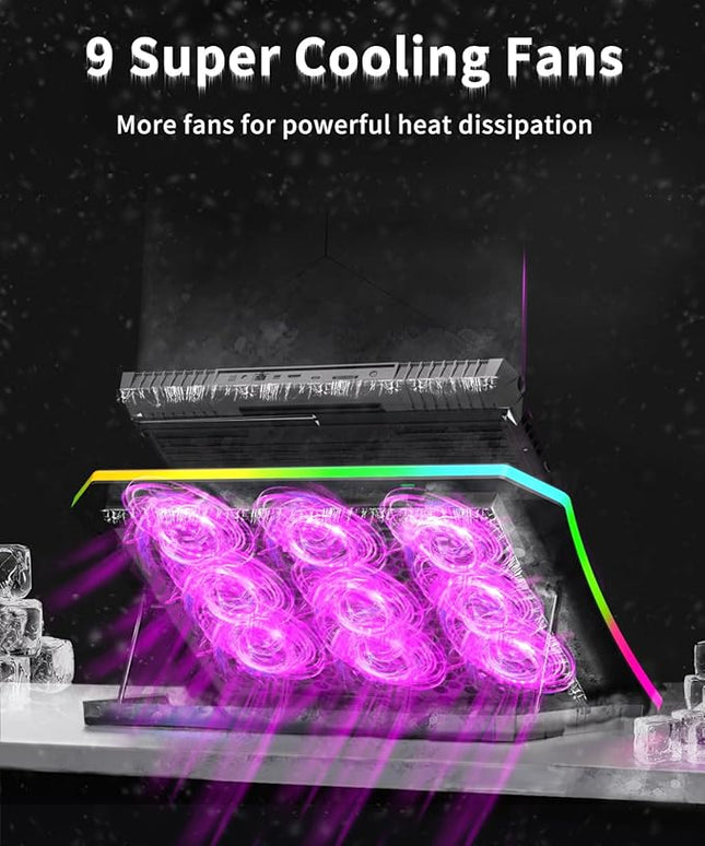 KeiBn Laptop Cooling Pad, Gaming Laptop Fan Cooling Pad with 9 Quiet Fans, RGB Laptop Cooler for 15.6-17.3 Inch, Cooling Pad for Laptop with 7 Height Stands, 2 USB Ports, Phone Stand-Purple