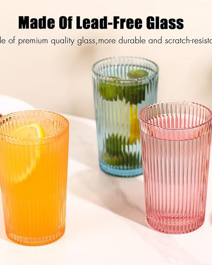 Drinking Glasses, Colored Highball Glasses Set of 6, Ribbed Glassware Glass Cups, Water Glasses for Beer, Iced Coffee Cups, Cocktail Glasses - Christmas Gifts -12 oz