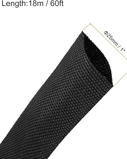 MECCANIXITY Braided Cable Sleeves Heat Shrinkable Fabric Sleeving, 1" 60ft Black 2:1 Ratio Heat Shrinkable Cord Protector for Harness Cable, Network Cable Protection, Cable Management