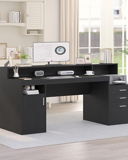 Computer Desk with 3 Drawer & Storage Shelves, Home Office Desk with File Drawer & Cabinet, Writing Study Table with Long Monitor Stand & Printer Shelf, Executive Desk, Black