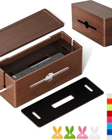 Extra Large Cable Management Box – Brown Double Layer Wooden Cord Organizer with Divider for Desk, TV Stand, Kitchen, and Office （NO Power Strips or Chargers）